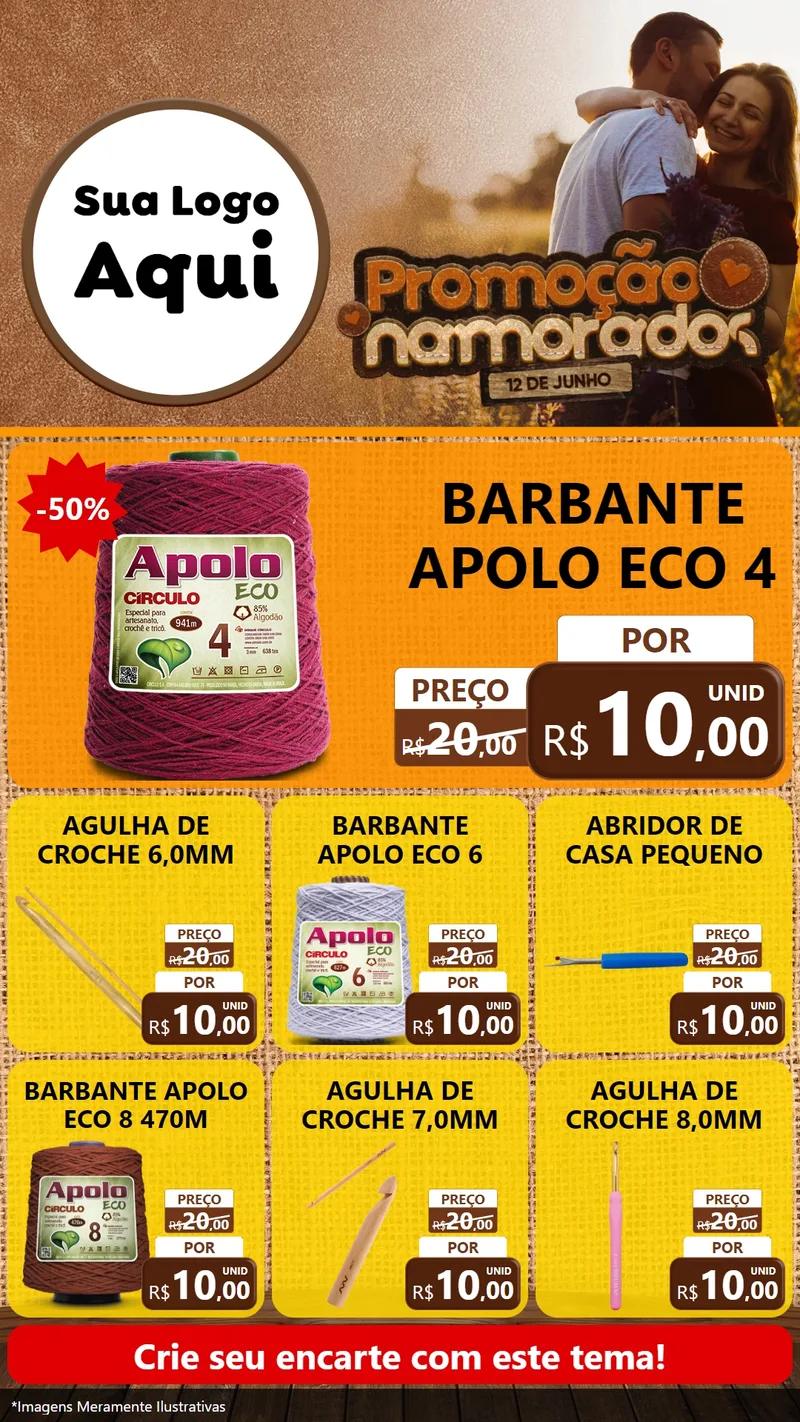 Modelo de Rede Social para Stories com o tema Promoção Namorados para Armarinho e Aviamentos