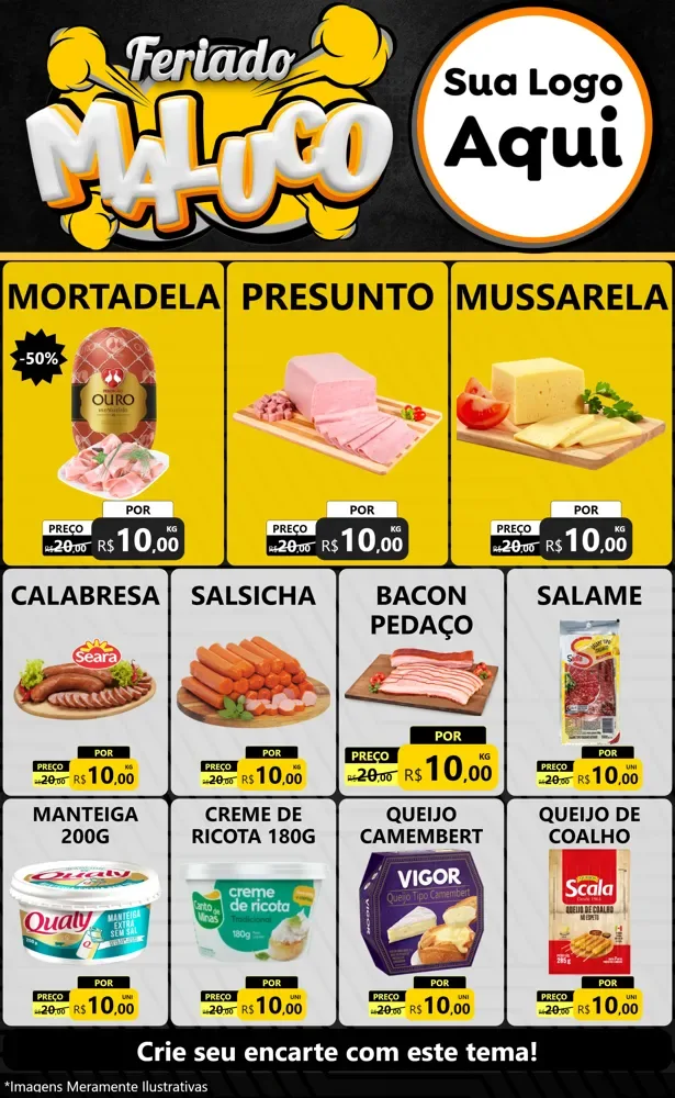 Modelo de Encarte para Encarte Grande com o tema Feriado Maluco para Frios e Laticínios