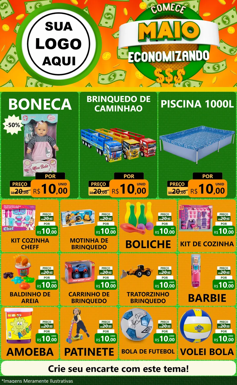 Modelo de Encarte para Encarte Grande com o tema Comece Maio Economizando para Brinquedos