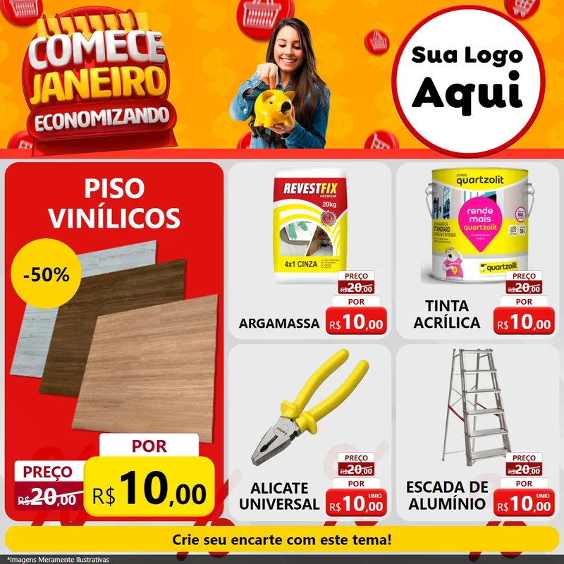 Modelo de Rede Social para Feed Facebook com o tema Comece Janeiro Economizando para Material para Construção