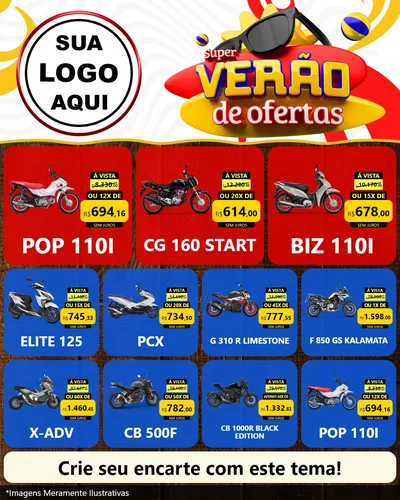 Modelo de Rede Social para Feed Instagram com o tema Super Verão de Ofertas para Concessionaria de Motos