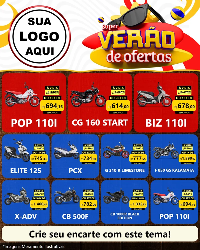 Modelo de Rede Social para Feed Instagram com o tema Super Verão de Ofertas para Concessionaria de Motos