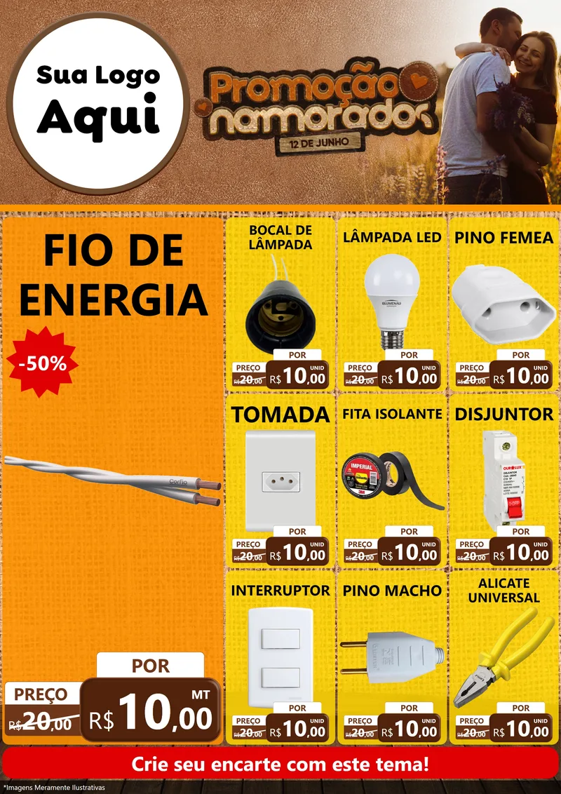 Modelo de Encarte para Encarte A4 Vertical com o tema Promoção Namorados para Materiais Elétricos