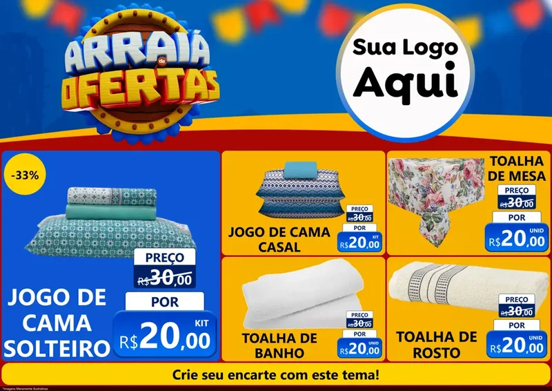 Modelo de Encarte para Encarte A4 Horizontal com o tema Arraiá de Ofertas - Junina para Cama, Mesa e Banho
