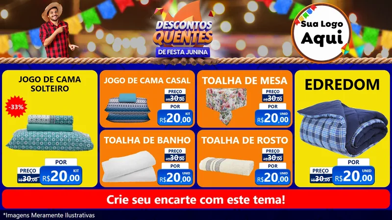 Modelo de TV para TV Horizontal com o tema Descontos Quentes de Festa Junina para Cama, Mesa e Banho