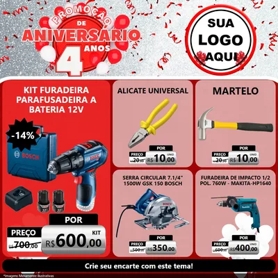 Modelo de Rede Social para Feed Facebook com o tema Promoção de Aniversário - 4 Anos para Maquinas e Ferramentas