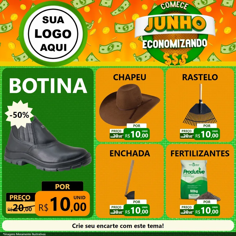 Modelo de Rede Social para Feed Facebook com o tema Comece Junho Economizando para Agropecuária