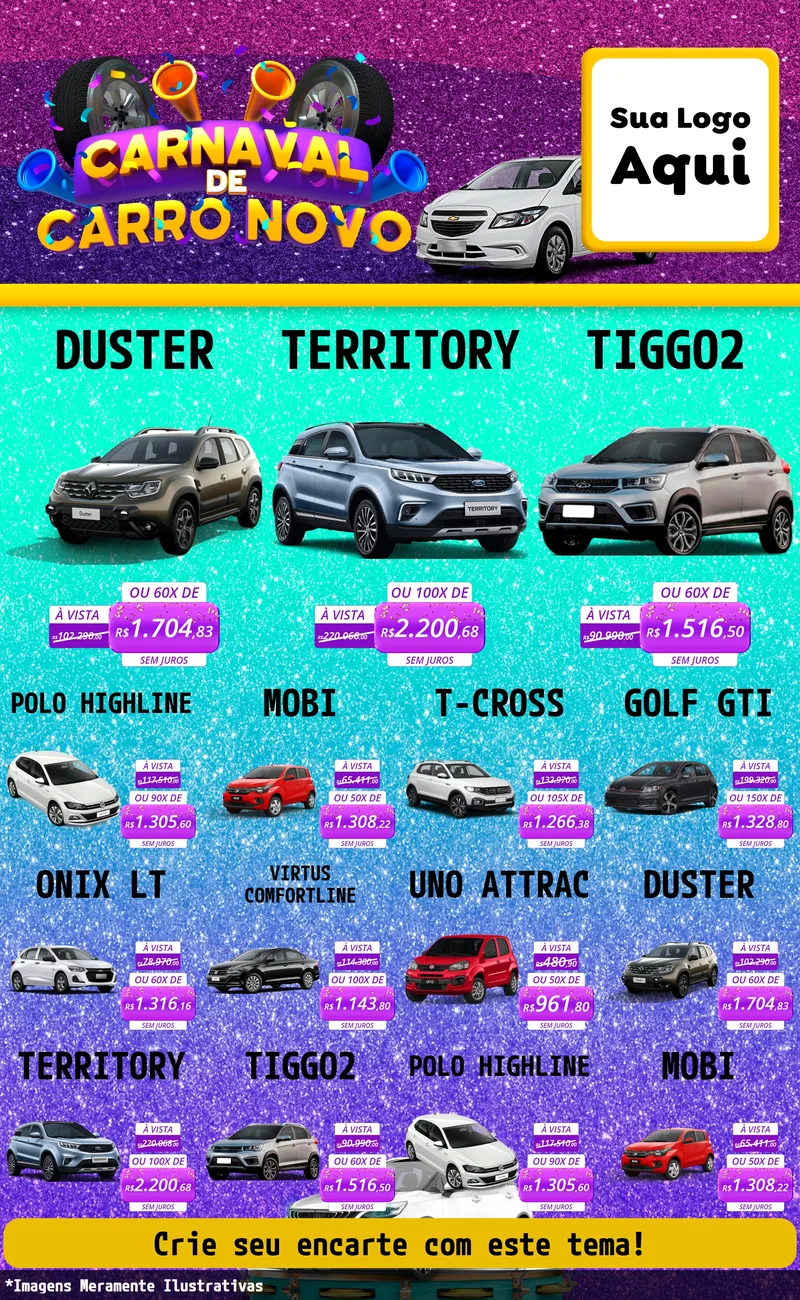 Modelo de Encarte para Encarte Grande com o tema Carnaval de Carro Novo para Concessionaria de Carros