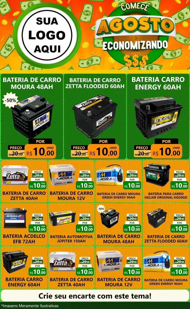 Modelo de Encarte para Encarte Grande com o tema Comece Agosto Economizando para Baterias Elétricas