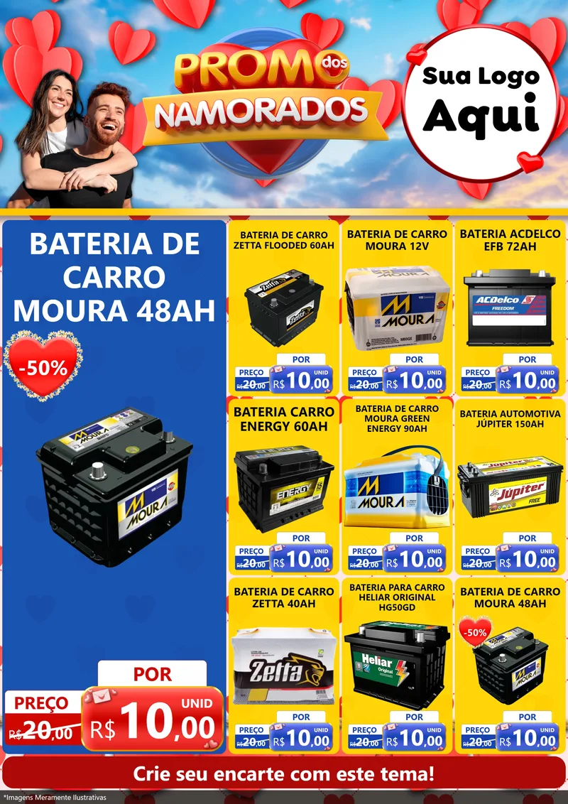 Modelo de Encarte para Encarte A4 Vertical com o tema Promo dos Namorados para Baterias Elétricas