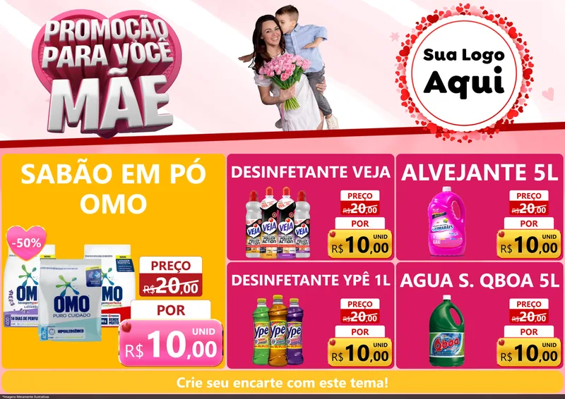 Modelo de Encarte para Encarte A4 Horizontal com o tema Promoção Para Você Mãe para Produtos de Limpeza