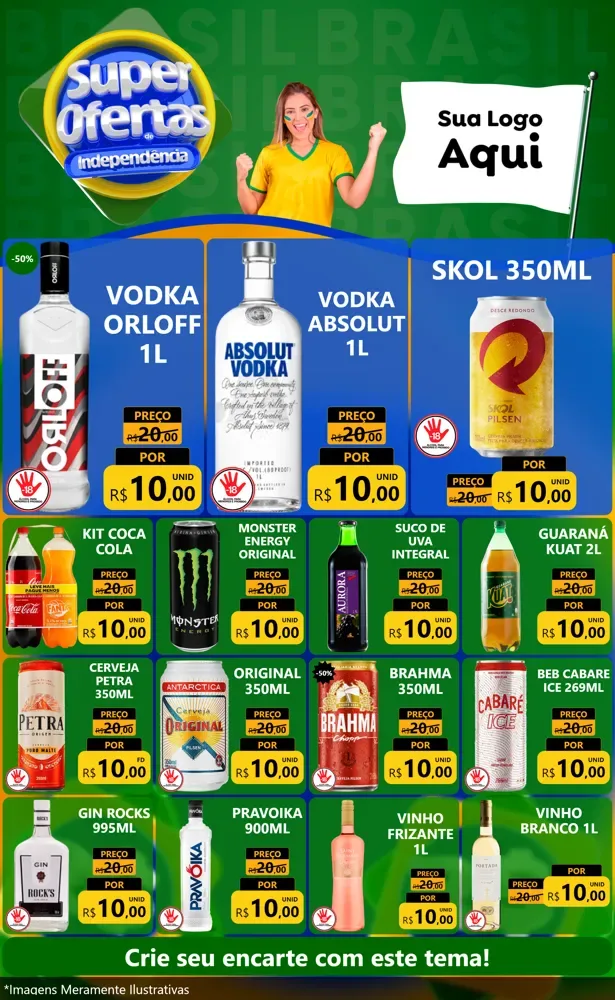 Modelo de Encarte para Encarte Grande com o tema Super Ofertas de Independência para Distribuidora de bebidas