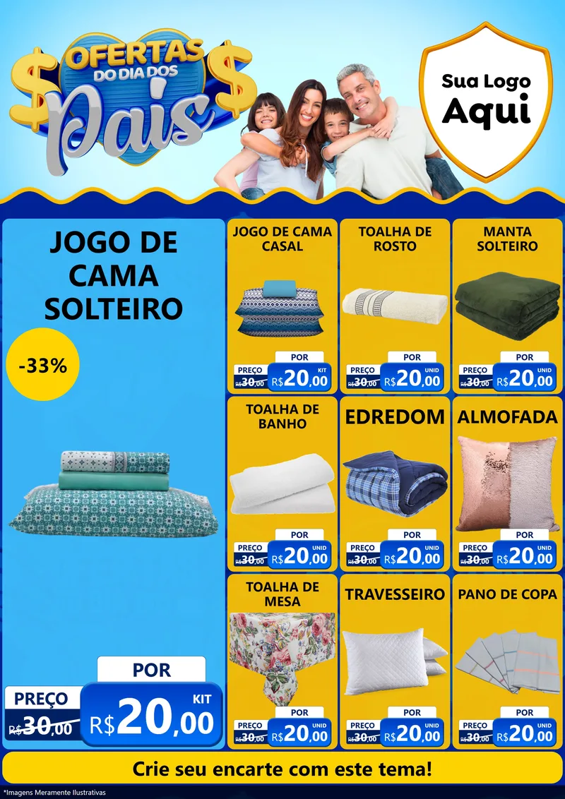 Modelo de Encarte para Encarte A4 Vertical com o tema Ofertas do Dia dos Pais para Cama, Mesa e Banho