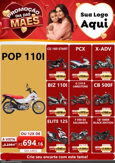 Modelo de Encarte para Encarte A4 Vertical com o tema Promoção Dia das Mães para Concessionaria de Motos