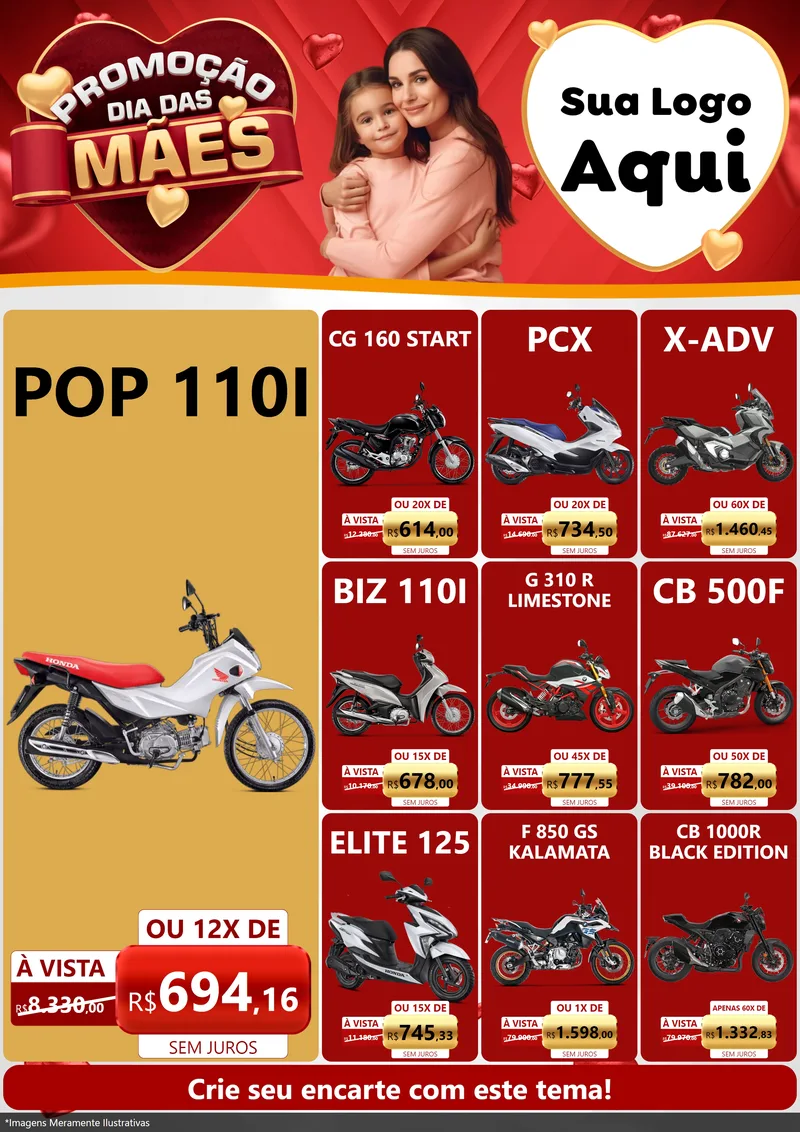 Modelo de Encarte para Encarte A4 Vertical com o tema Promoção Dia das Mães para Concessionaria de Motos