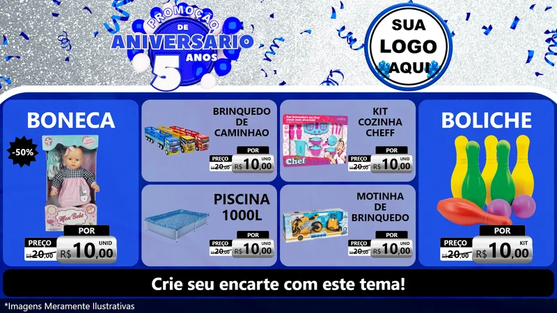 Modelo de TV para TV Horizontal com o tema Promoção de Aniversário - 5 Anos para Brinquedos
