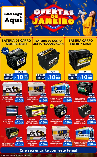 Modelo de Encarte para Encarte Grande com o tema Ofertas de Janeiro para Baterias Elétricas