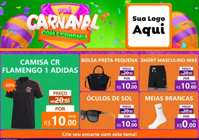 Modelo de Encarte para Encarte A4 Horizontal com o tema Pré-Carnaval Com Economia para Roupas e acessórios