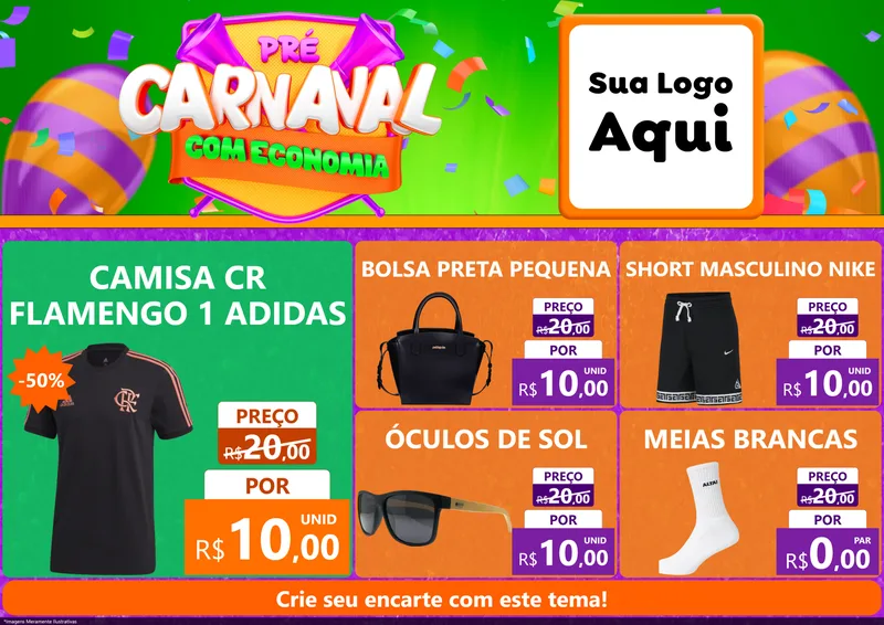 Modelo de Encarte para Encarte A4 Horizontal com o tema Pré-Carnaval Com Economia para Roupas e acessórios