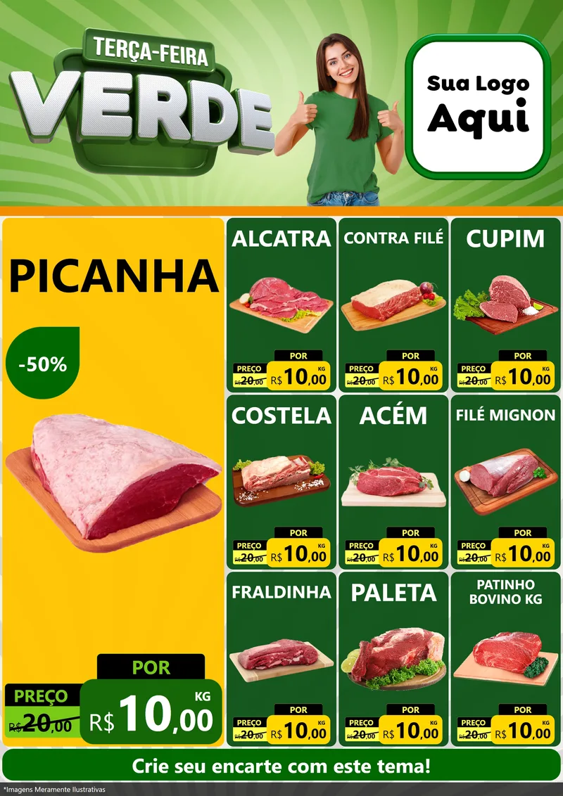 Modelo de Encarte para Encarte A4 Vertical com o tema Terça - Feira Verde para Açougue