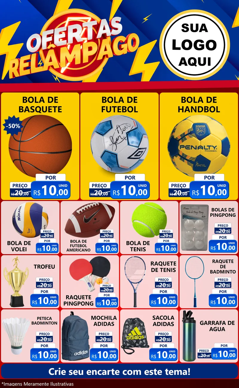 Modelo de Encarte para Encarte Grande com o tema Ofertas Relâmpago para Artigos Esportivos