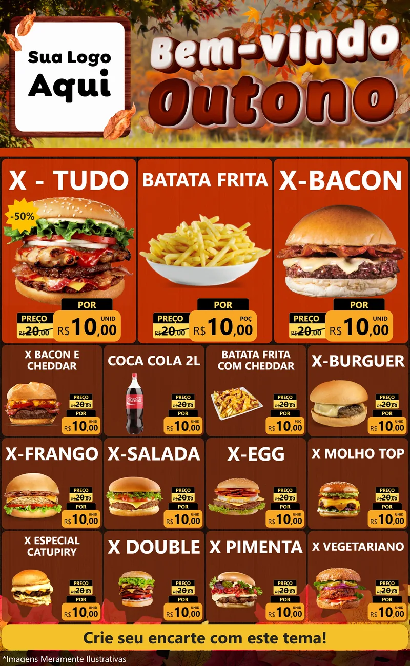 Modelo de Encarte para Encarte Grande com o tema Bem-vindo Outono para Hamburgueria