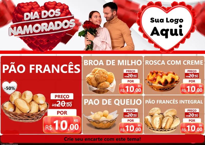 Modelo de Encarte para Encarte A4 Horizontal com o tema Dia dos Namorados para Padaria