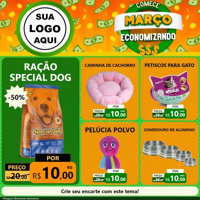 Modelo de Rede Social para Feed Facebook com o tema Comece Março Economizando para Pet Shop