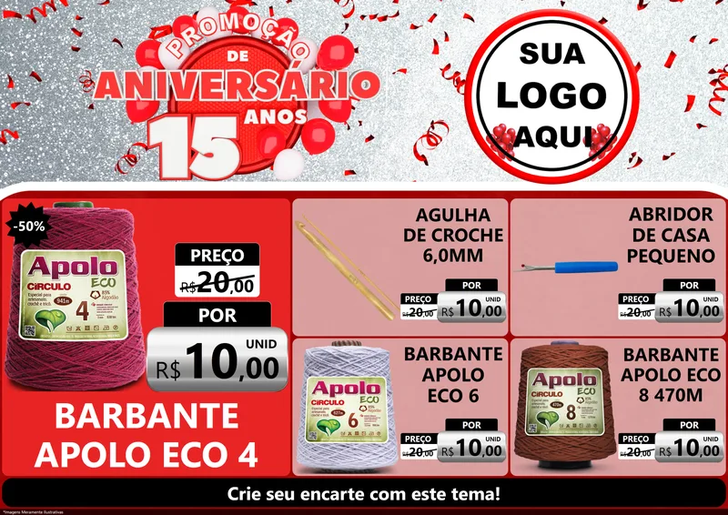 Modelo de Encarte para Encarte A4 Horizontal com o tema Promoção de Aniversário - 15 Anos para Armarinho e Aviamentos