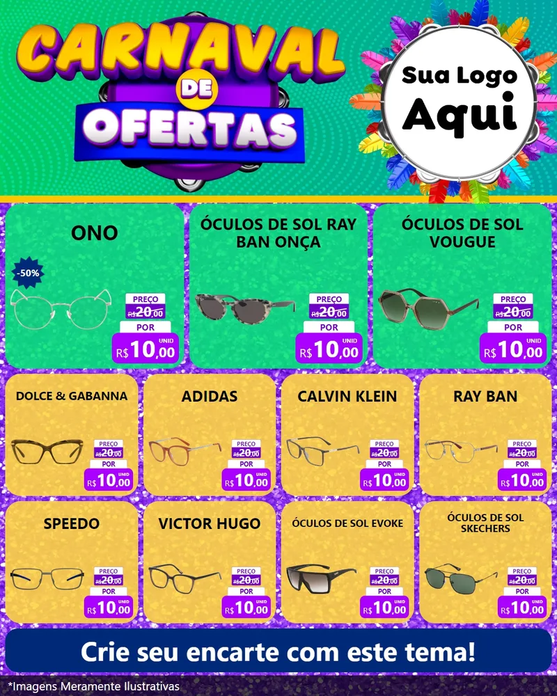 Modelo de Rede Social para Feed Instagram com o tema Carnaval de Ofertas para Óticas