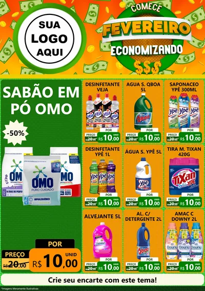 Modelo de Encarte para Encarte A4 Vertical com o tema Comece Fevereiro Economizando para Produtos de Limpeza