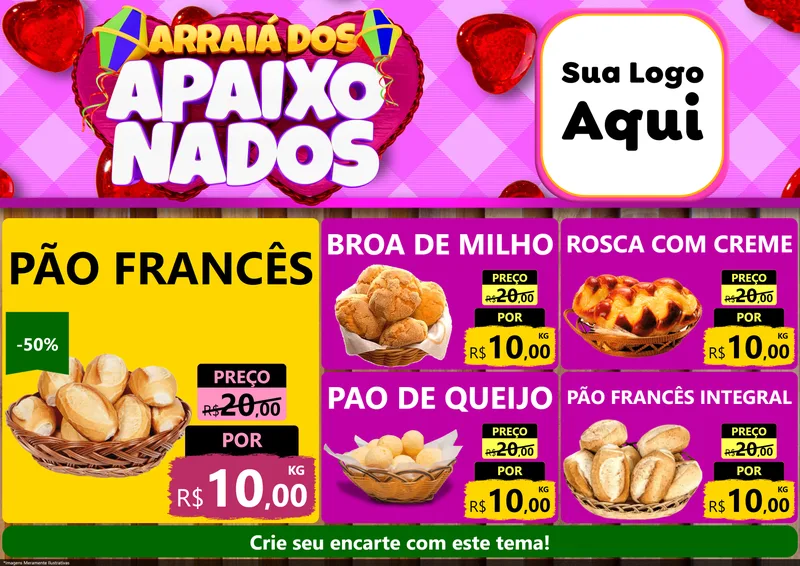 Modelo de Encarte para Encarte A4 Horizontal com o tema Arraiá dos Apaixonados para Padaria
