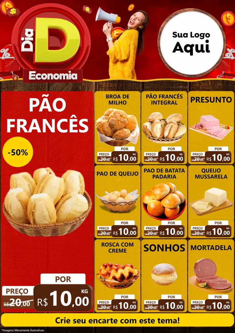 Modelo de Encarte para Encarte A4 Vertical com o tema Dia D Economia para Padaria