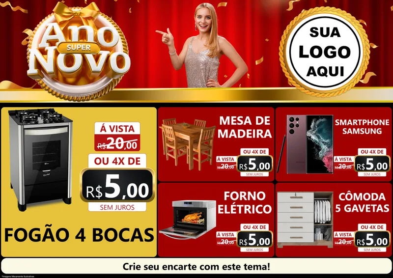 Modelo de Encarte para Encarte A4 Horizontal com o tema Super Ano Novo para Móveis e Eletro