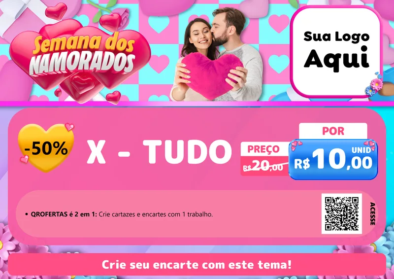 Modelo de Cartaz para Cartaz A4 Horizontal com o tema Semana dos Namorados para Hamburgueria