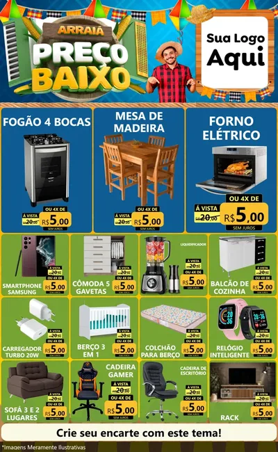 Modelo de Encarte para Encarte Grande com o tema Arraiá de Preço Baixo - Junina para Móveis e Eletro