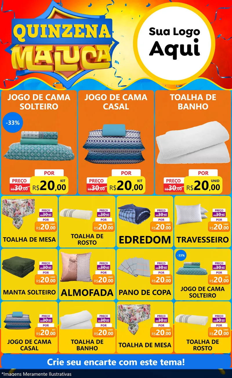 Modelo de Encarte para Encarte Grande com o tema Quinzena Maluca para Cama, Mesa e Banho