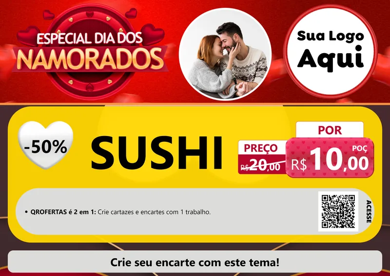 Modelo de Cartaz para Cartaz A4 Horizontal com o tema Especial Dia Dos Namorados para Comida japonesa