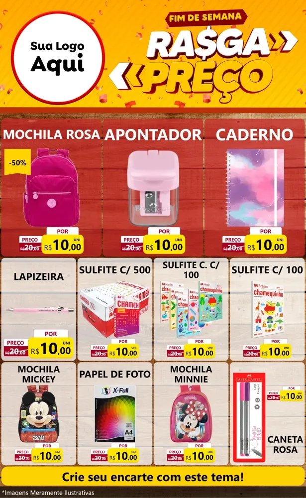 Modelo de Encarte para Encarte Grande com o tema Fim de Semana Rasga Preços para Papelaria