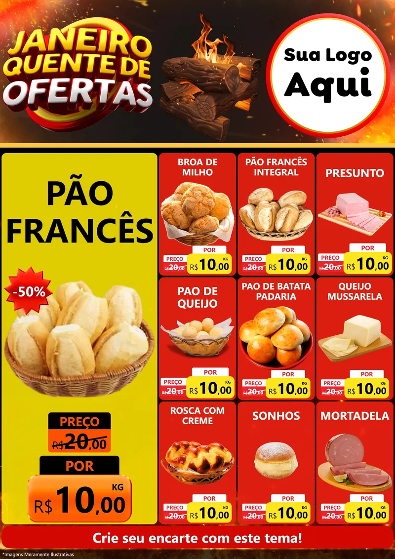 Modelo de Encarte para Encarte A4 Vertical com o tema Janeiro Quente de Ofertas para Padaria