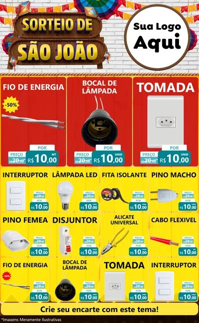 Modelo de Encarte para Encarte Grande com o tema Sorteio de São João para Materiais Elétricos