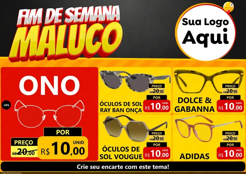 Modelo de Encarte para Encarte A4 Horizontal com o tema Final de Semana Maluco para Óticas