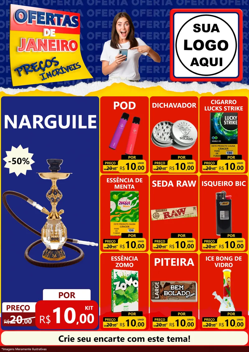 Modelo de Encarte para Encarte A4 Vertical com o tema Ofertas de Janeiro - Preços Incríveis para Tabacaria