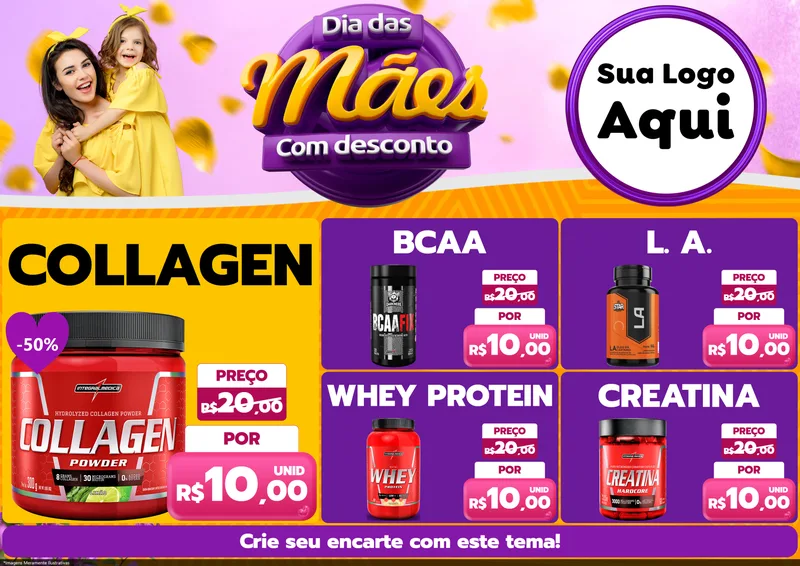 Modelo de Encarte para Encarte A4 Horizontal com o tema Dia das Mães com Desconto para Suplementos alimentares