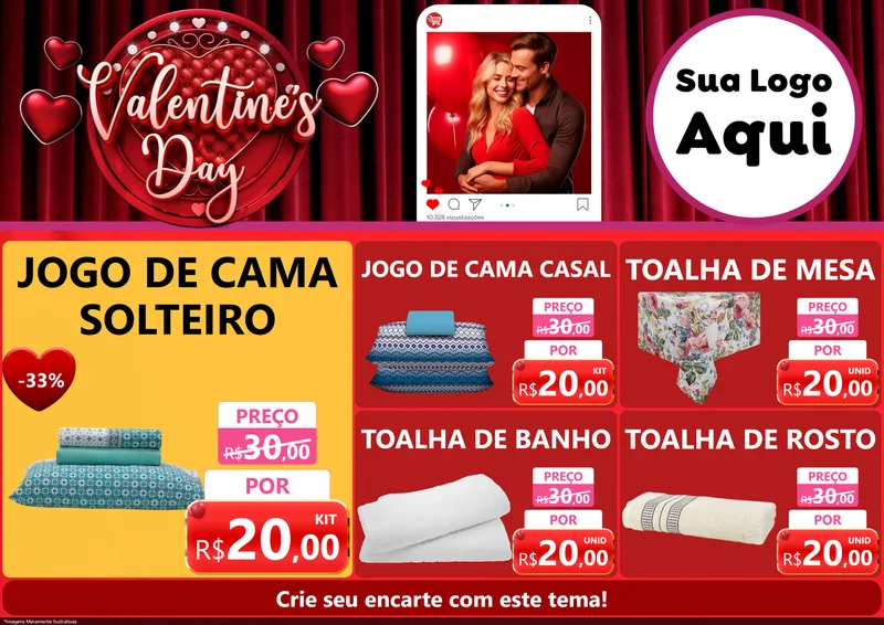 Modelo de Encarte para Encarte A4 Horizontal com o tema Valentine's Day para Cama, Mesa e Banho