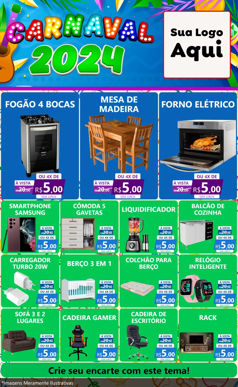Modelo de Encarte para Encarte Grande com o tema Carnaval 2027 para Móveis e Eletro