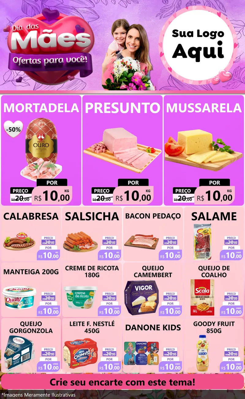 Modelo de Encarte para Encarte Grande com o tema Dia das Mães Ofertas para Você! para Frios e Laticínios
