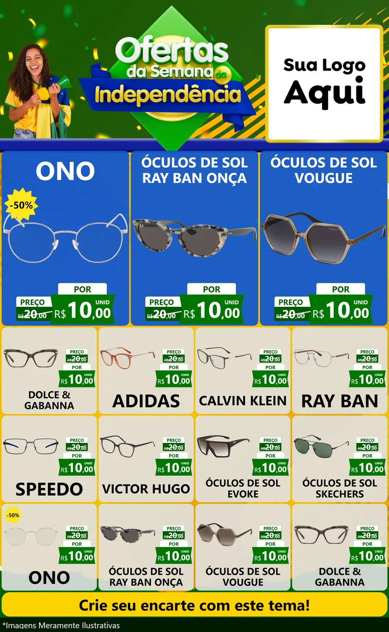 Modelo de Encarte para Encarte Grande com o tema Ofertas da Semana da Independência para Óticas