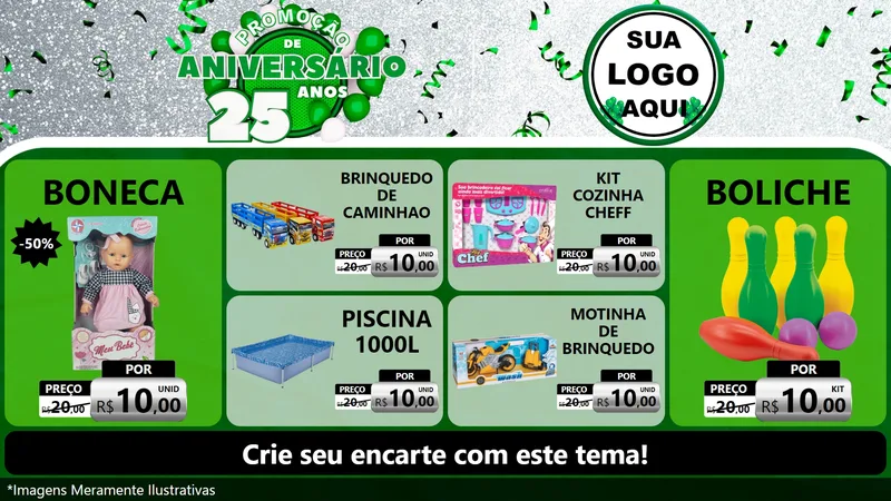 Modelo de TV para TV Horizontal com o tema Promoção de Aniversário - 25 Anos para Brinquedos
