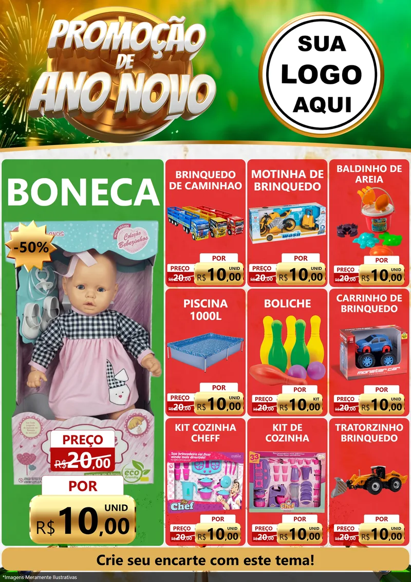 Modelo de Encarte para Encarte A4 Vertical com o tema Promoção de Ano Novo para Brinquedos